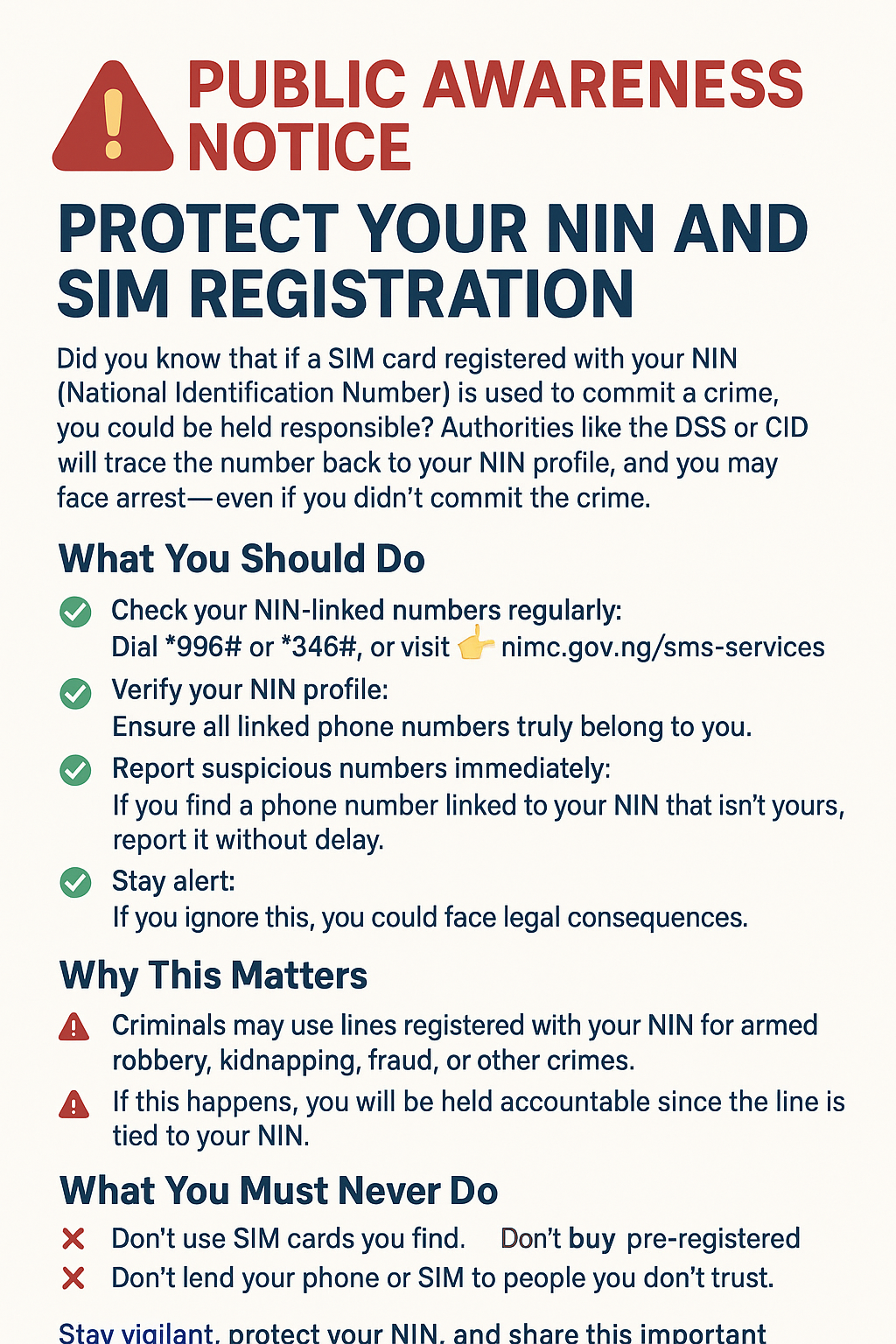 Public Awareness Notice: Protect Your NIN and SIM Registration