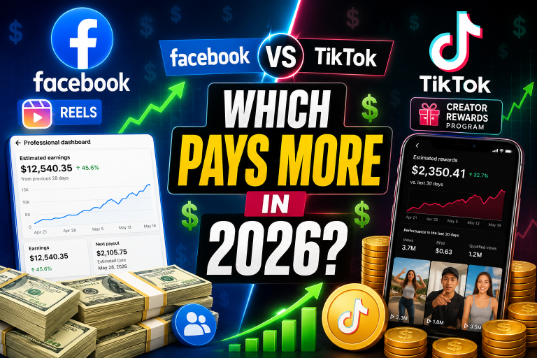 Facebook vs TikTok monetization comparison showing creator earnings, ad revenue, reels, and content monetization opportunities in 2026.